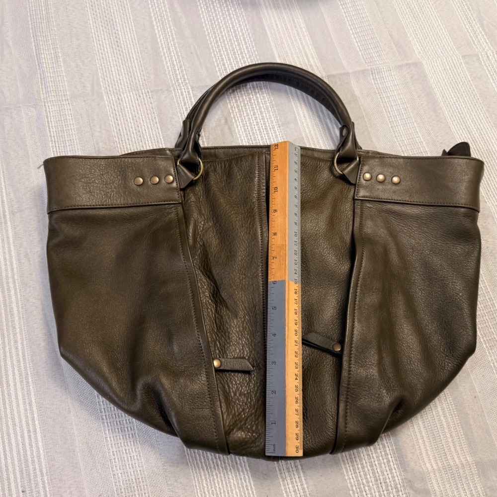 Eileen Fisher Olive Green Leather Tote Bag Hobo Handbag Brass Hardware - Picture 5 of 11